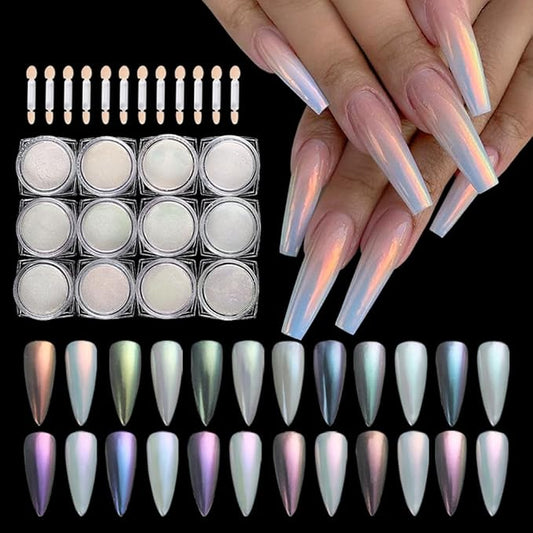 SUTOKAKA 12 Jars Mermaid Chrome Nail Powder, Iridescent Aurora Powder Pearlescent Dust Metallic Mirror Glitter Effect Pigment Nail Art Glitter Manicure Decoration for Home DIY Salon