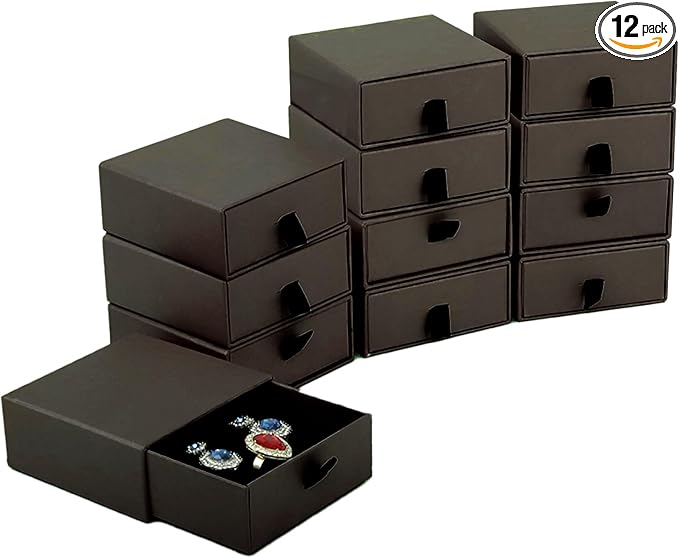Nsmykhg Jewelry Gift Box Velvet-Lined,12 Pack Compact Drawer Style for Earrings & Rings, Necklace & Bracelet Organizer, 3.93x3.93x1.65 Inches, Stackable Elegant Jewelry Display & Storage Box (Coffee)