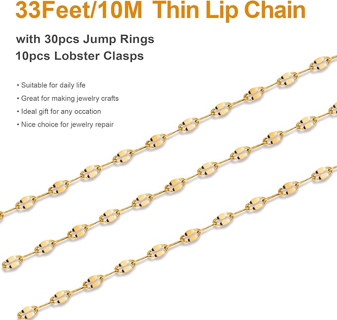 Kyutong 32.8 Feet Thin Stainless Steel Lip Chain Roll Gold Chain for Jewelry Making with Accessories for Necklace Choker Bracelet DIY Jewelry Craft Supplies
