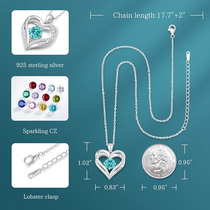 CDE Valentine's Day Gift Forever Love Heart Necklaces for Women, Wedding Anniversary, Birthday Mothers Christmas Day Gifts for Mom, Mother, Wife, S925 Silver Jewelry with Birthstone Pendant