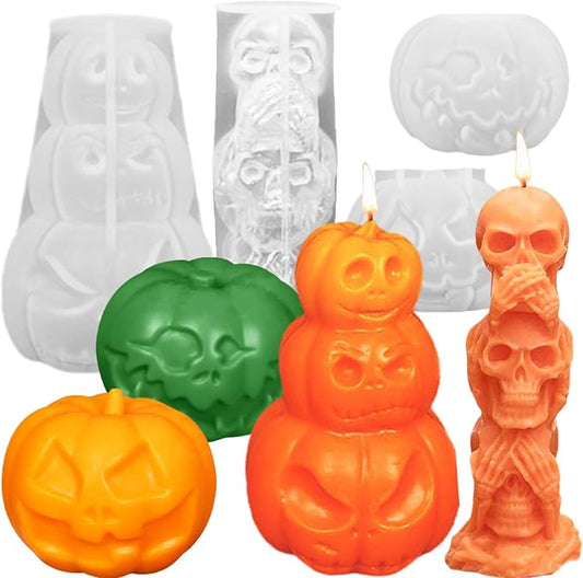 TOPYS 4Pcs Halloween Ghost Candle Silicone Molds Set, DIY 3D Halloween Pumpkin Skull Candle Making Wax Moulds Gypsum Ornament Resin Soap Molds Casting Art Home Decor