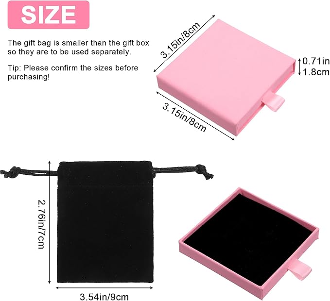 4PCS Small Jewelry Gift Box Velvet Bag Drawer Type Cardboard Organizer Box with Black Drawstring Pouches Necklace Bracelet Earring Pendent Storage Case for Birthday Xmas Christmas Wrapping