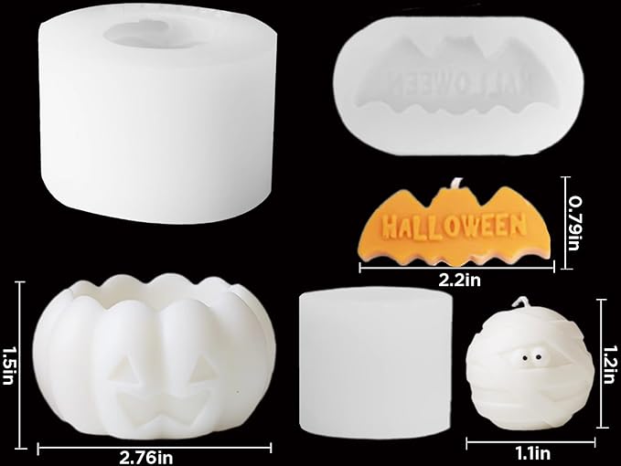 TOPYS 3 Pcs Halloween Candle Silicone Molds Set, DIY Letter Bat, Mummy Ball and 3D Pumpkin Container Mould for Candle Making, Wax Gypsum Ornament Resin Soap Chocolate Mold Home Decor