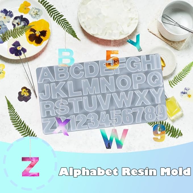 Alphabet Keychain Molds with Hole Silicone Resin Letter Number Molds Reusable Alphabet Resin Mold for Making Keychain Bag Charms Jewelry Pendant