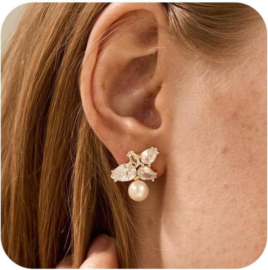 Pearl Earrings for Women - Dainty Gold Dangle Drop Earrings, 14k Gold Plated Cute Bow Design, Hypoallergenic Pearl Studs, Wedding Jewelry Gifts