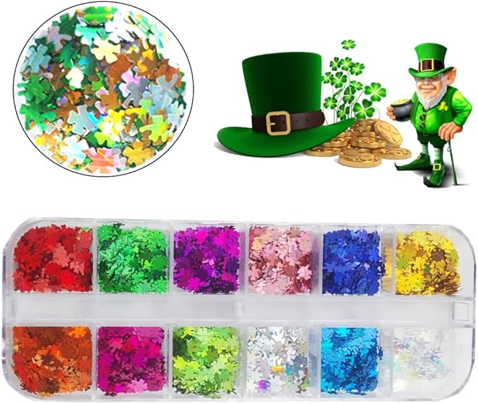 Clover Glitter Nail Art Sequins, 12 Colors Clover Leaf Glitter Acrylic Nails Supplies for Women, Girls & Manicure St. Patrick's Day Decorations, DIY Crafts