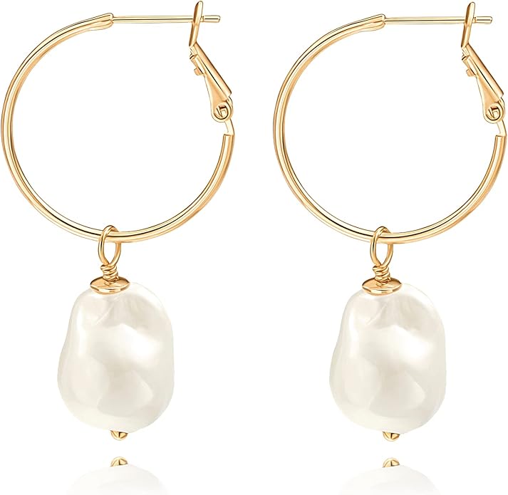 Gold Plated Huggie Hoop Earrings with Charms Fashion Pearl Drop Dangle Earrings for Women Handmade Karma Circle Jewelry for Ladies Lightweight Pearl Earrings on Christmas