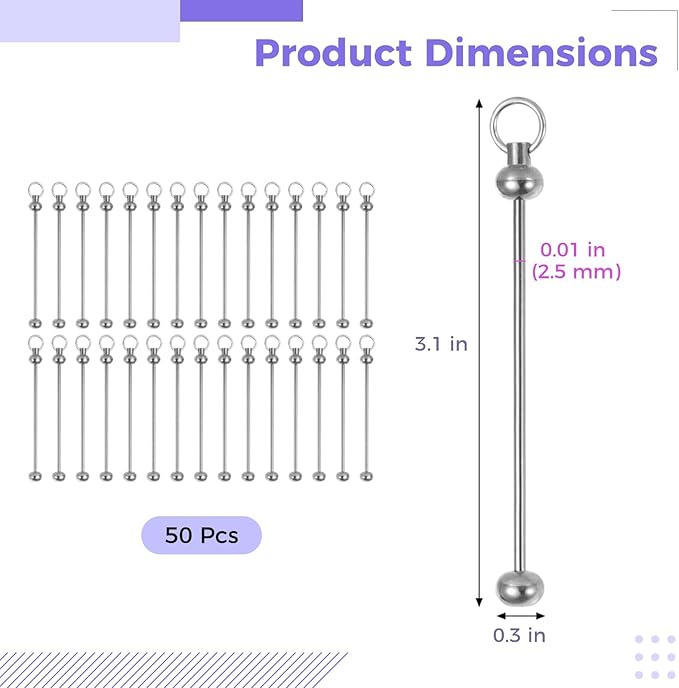 50 PCS Blank Beaded Keychain Bars, Metal Beading Sticks with Loop, Keychain Making Supplies for DIY Crafts, Bag Charms, Beadwork Projects, Jewelry or Custom Accessories