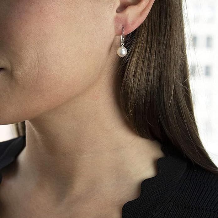 .925 Sterling Silver AAA 7.5-8mm Round White Freshwater Cultured Pearl French Wire Hook Dangling Drop Earrings