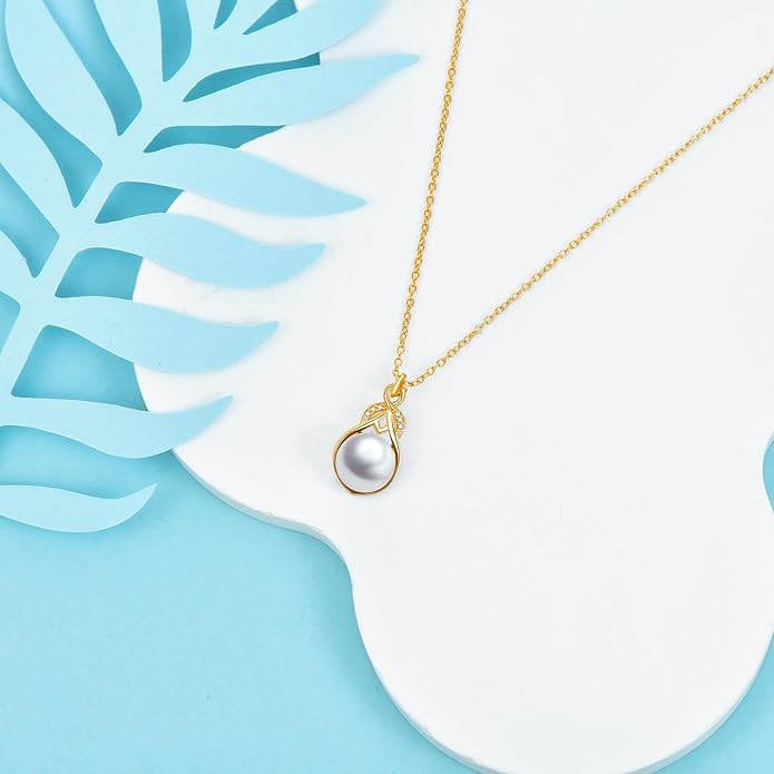 14K Gold Pearl Necklace for Women,9mm Freshwater Cultured White Pearl Pendant Necklaces Jewlery Gifts for Her Wife Mom Present for Anniversary Birthday Mothers Day 16+1+1