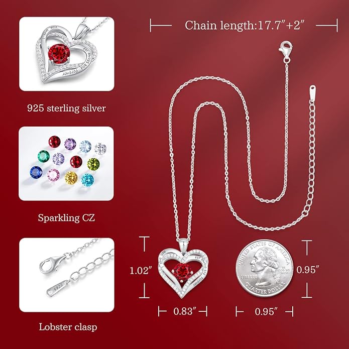 CDE Valentine's Day Gift Forever Love Heart Necklaces for Women, Wedding Anniversary, Birthday Mothers Christmas Day Gifts for Mom, Mother, Wife, S925 Silver Jewelry with Birthstone Pendant