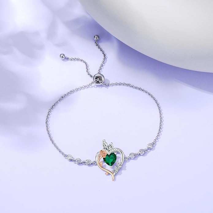 TOUPOP Rose Heart Birthstone Bracelet 925 Sterling Silver Butterfly Heart Bracelet Love Jewelry for Women Anniversary Valentines Day Birthday Gifts for Her Wife Mom