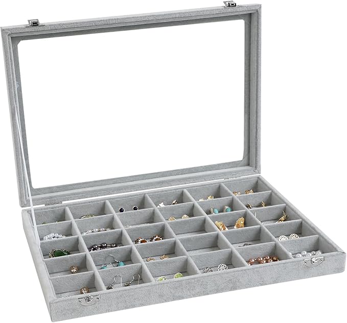 Wudygirl 30 Grid Jewelry Organizer Velvet Jewelry Box Jewelry Tray with Clear Lid Storage Case Showcase Display Stackable Removable (30 Grid)