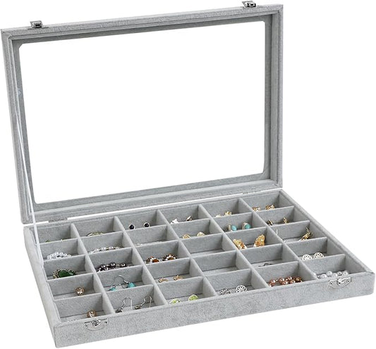 Wudygirl 30 Grid Jewelry Organizer Velvet Jewelry Box Jewelry Tray with Clear Lid Storage Case Showcase Display Stackable Removable (30 Grid)