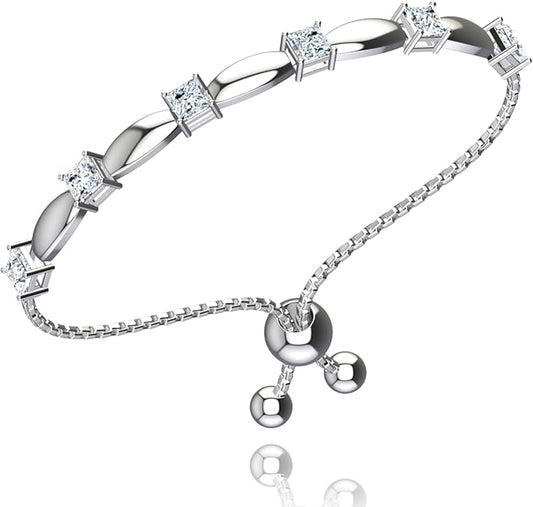 Fine Bracelet Tennis Style Pull String Birthstone Jewelry Gift for Women 925 Sterling Silver Square Sparkling Bolo Gemstone Jewelry Adjustable Bracelets