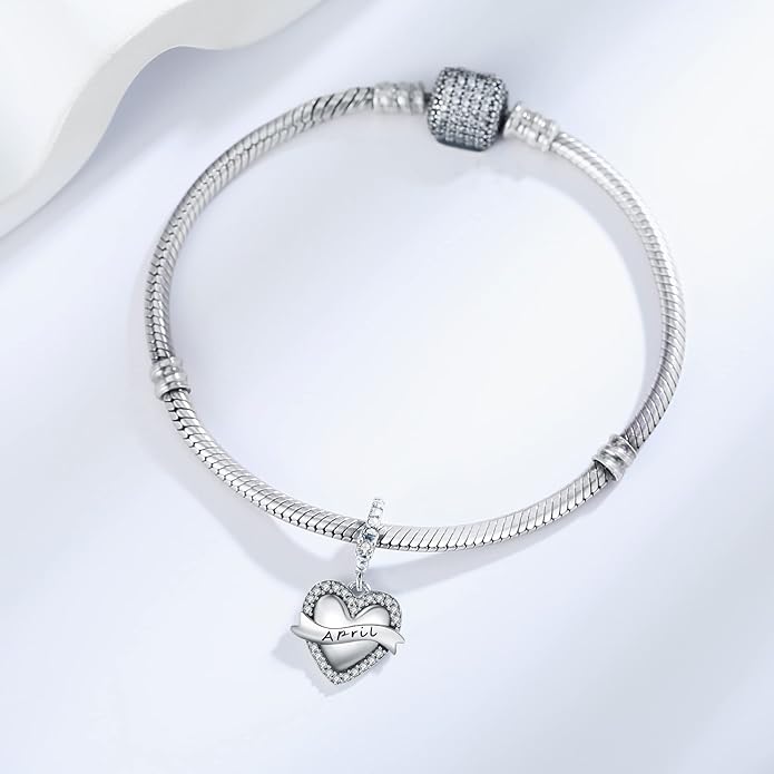 Birthstone Charms 925 Sterling Silver Love Heart pendant Beads Fit Pandora Charms Bracelet and Necklace, Fit Women Wife Mom Christmas Birthday Gift