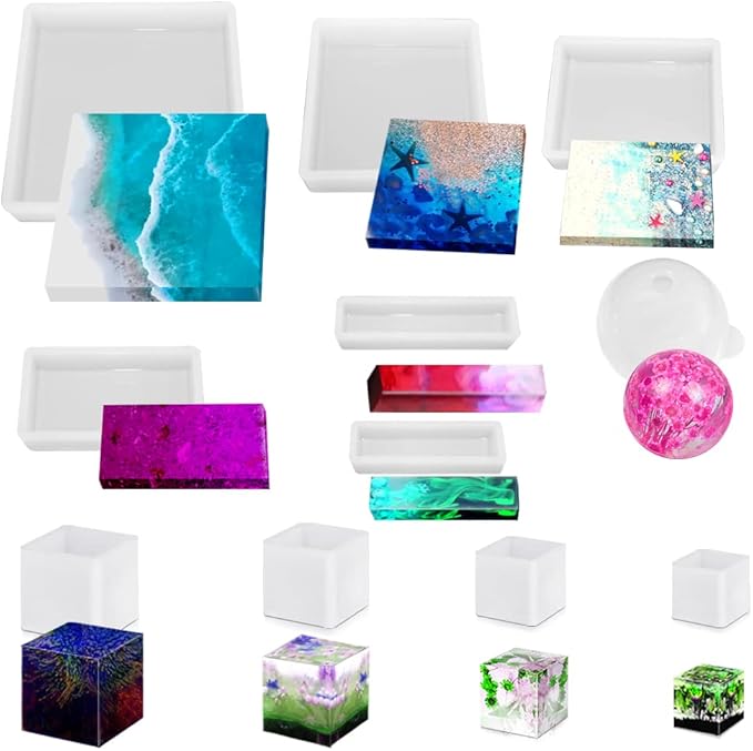 11 Pcs Resin Molds, FineGood Square Silicone Molds for Epoxy Resin Ball Epoxy Resin Molds DIY Cube Box Resin Casting Molds for Jewelry Soap Dried Flower Specimen