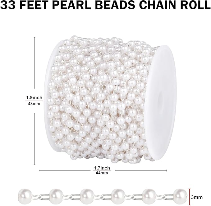 [33 FT] Silver Plated Pearl Beads Chain Bulk for Jewelry Making, 3mm Pearls Beaded Brass Oval Link Chains Roll Spool for DIY Craft Jewelry Making