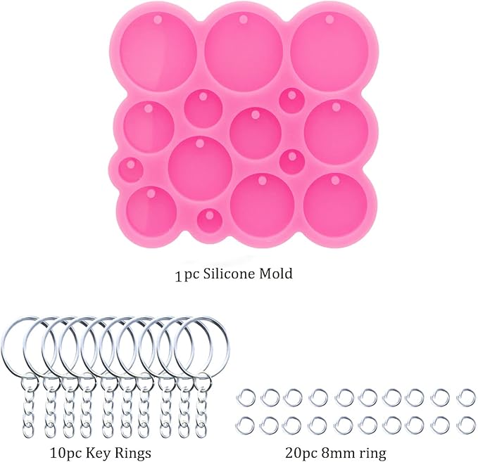 AMZTOART 1pc Glossy Circle Diameter 1cm 1.5cm 2cm 2.5cm 3cm Resin Silicone Keychain Molds, Round Epoxy Mold with 10PC Key Ring(DY1303)