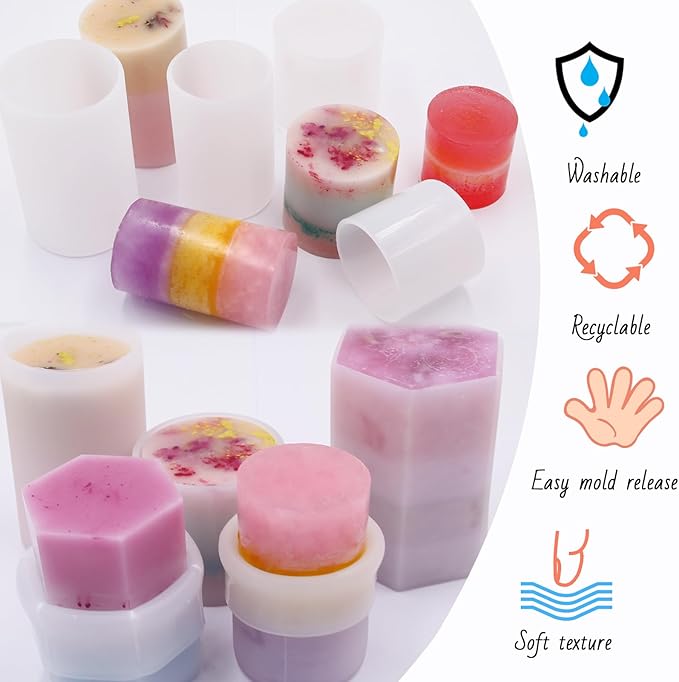 EuTengHao Cylinder & Hexagon Candle Silicone Resin Mold for Scented Candle, Soap - Reusable, Fashionable & Easy Release for DIY Crafts, Home Decoration, Holiday Gifts (6 Packs)