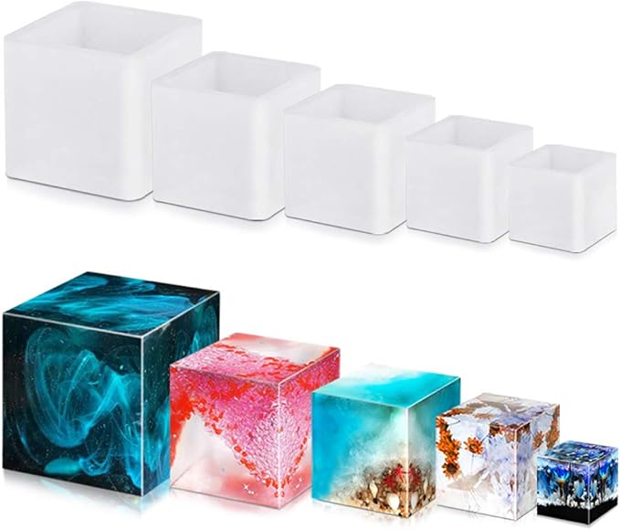 5 PCS Square Resin Moulds Silione, FineGood Epoxy Resin Casting Molds DIY Box Resin Mold Silicone Resin Kit Mold for Cup Candle Soap