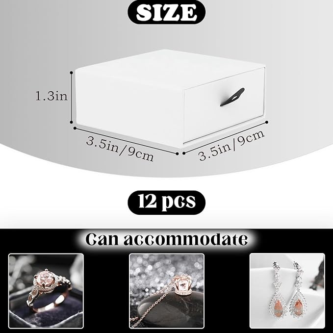 Coobbar Luxury Velvet-Lined Jewelry Gift Box 12-Pack, Compact Drawer Style Organizer for Earrings & Rings, Elegant Bracelet Display Box, Small Jewelry Storage Box, 3.5x3.5x1.26 Inches (White)