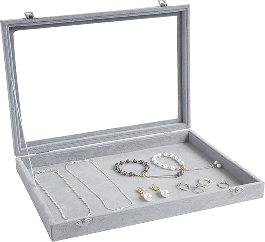 Wudygirl Velvet Jewelry Organizer Empty Jewelry Tray Organizer Jewelry Box Storage Case Display Necklaces Earring Stackable Tray Containers Clear Lid (DIY Box)