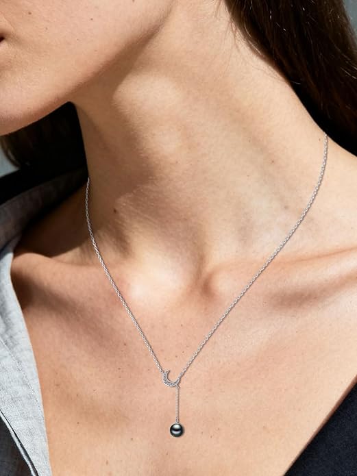 Tahitian Black Pearl AAAA 18K White Gold Plated Sterling Silver Moon Pendant Y Necklace for Women Wife Mom Girlfriend Her Jewelry Gift for Anniversary Birthday