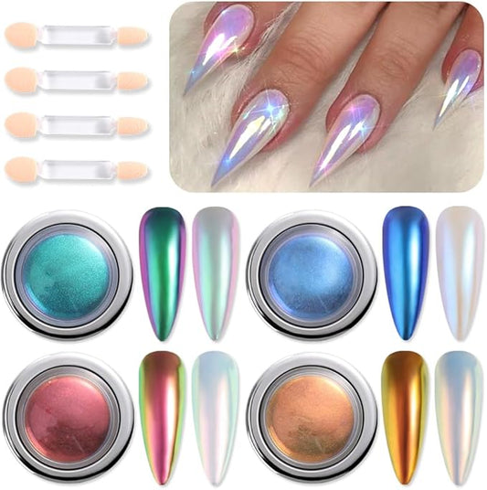 4 Colors Chameleon Chrome Nail Powder Kit, Metallic Mirror Effect Nail Glitter Aurora Iridescent Pearlescent Mermaid Pigment Dust for Gel Polish Nail Art Decoration, Resin Craft