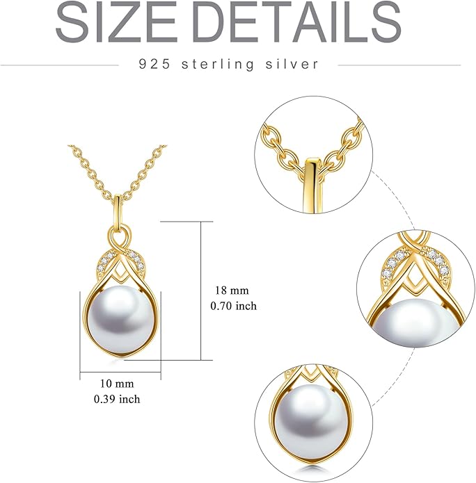 14K Gold Pearl Necklace for Women,9mm Freshwater Cultured White Pearl Pendant Necklaces Jewlery Gifts for Her Wife Mom Present for Anniversary Birthday Mothers Day 16+1+1