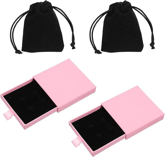 4PCS Small Jewelry Gift Box Velvet Bag Drawer Type Cardboard Organizer Box with Black Drawstring Pouches Necklace Bracelet Earring Pendent Storage Case for Birthday Xmas Christmas Wrapping