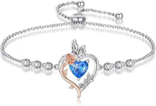 TOUPOP Rose Heart Birthstone Bracelet 925 Sterling Silver Butterfly Heart Bracelet Love Jewelry for Women Anniversary Valentines Day Birthday Gifts for Her Wife Mom
