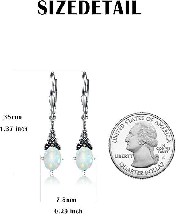 AOBOCO Vintage Earrings for Women Sterling Silver Retro Drop Dangle Leverback Earrings with 8x6mm Oval Genuine or Simulated Birthstone Crystal from Austria, Anniversary Jewelry Gifts for Her (Gift Box)