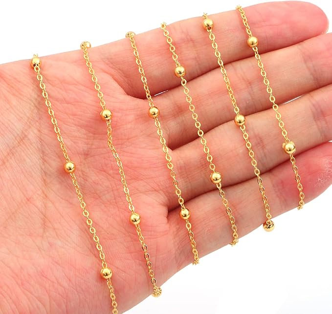 BEADIA 18K Gold Plated O Chains 1.6mm with 3.5mm Beads 2 Meters for Jewelry Making Findings