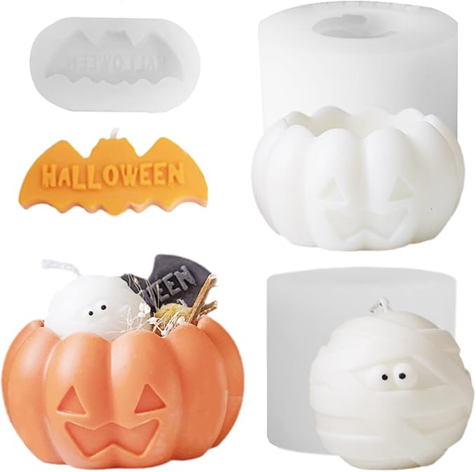 TOPYS 3 Pcs Halloween Candle Silicone Molds Set, DIY Letter Bat, Mummy Ball and 3D Pumpkin Container Mould for Candle Making, Wax Gypsum Ornament Resin Soap Chocolate Mold Home Decor