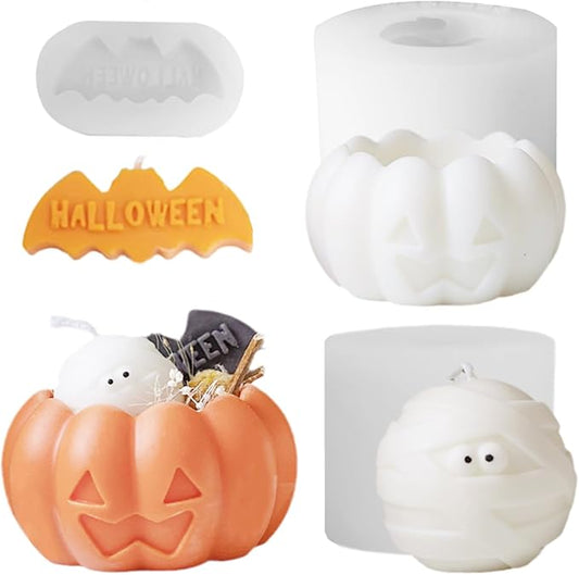 TOPYS 3 Pcs Halloween Candle Silicone Molds Set, DIY Letter Bat, Mummy Ball and 3D Pumpkin Container Mould for Candle Making, Wax Gypsum Ornament Resin Soap Chocolate Mold Home Decor