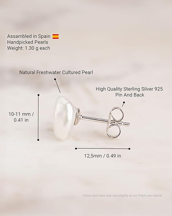 Woman Pearl Earrings Freshwater Cultured Keshi Pearls in White and Gray by SECRET & YOU | Sterling Silver 925 | Available in 10 sizes from 7-8 mm to 15-16 mm