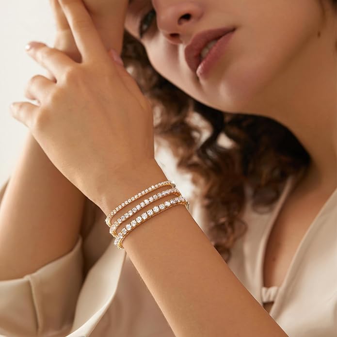 TUHE Moissanite Tennis Bracelet 5.0-21.0CT 18K Gold Plated 925 Sterling Silver Bracelets 3/4/5MM D Color VVS1 Round Lab Created Moissanite Bracelet for Women Men 6-8.5 Inch Jewelry Valentines Gifts