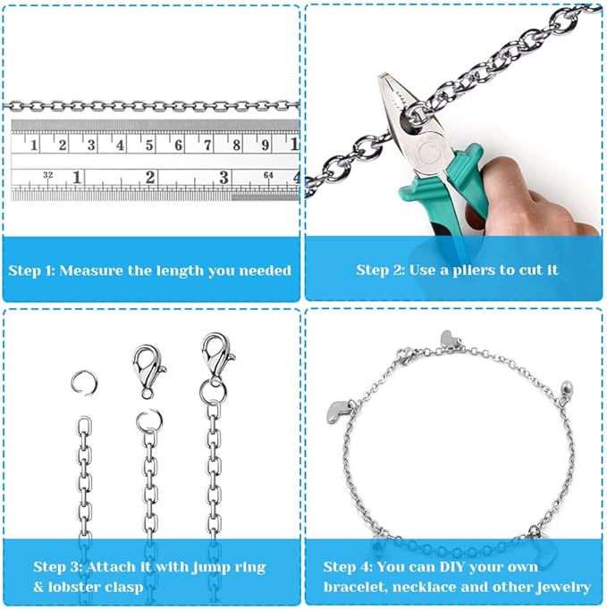 50 Feet Stainless Steel Chains for Jewelry Making, Anezus Jewelry Chain Bulk Small Metal Chains with 100 Jump Rings 30 Lobster Clasps for Necklace Making Bracelet DIY