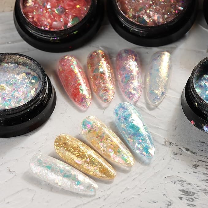 Holographic Mermaid Nail Art Glitter Iridescent Flakes, 8 Colors Aurora Irregular Ice Slag Opal Nail Foil Flakes Ultra-Thin Paillettes Glitter Sequins for Gel Polish Nail Art Decoration, Resin Craft