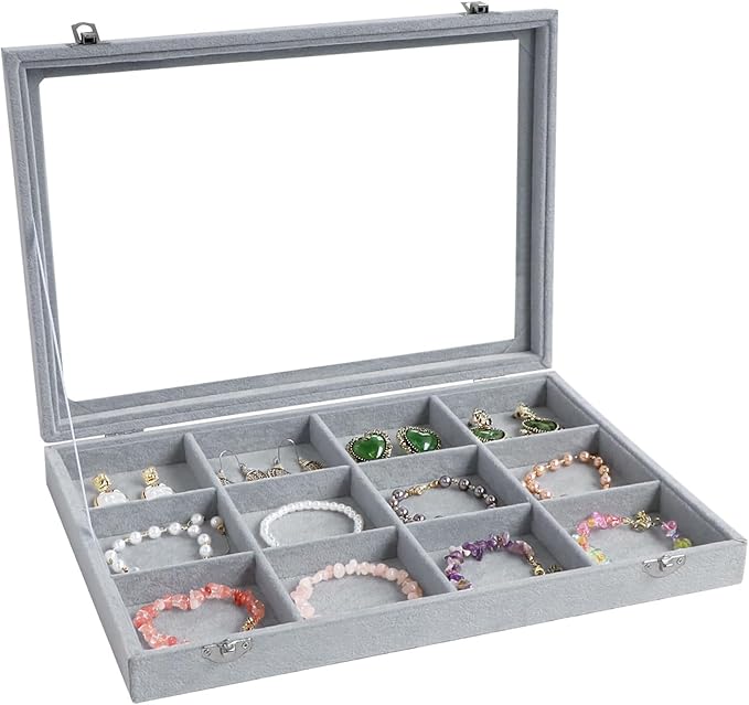 Wudygirl 12 Grid Jewelry Organizer Velvet Jewelry Tray with Clear Lid Jewelry Box Bracelet Holder Display Case Storage Bracelets Rings Earrings Organizer (12 Grid)