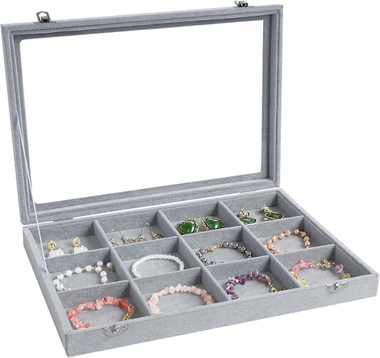 Wudygirl 12 Grid Jewelry Organizer Velvet Jewelry Tray with Clear Lid Jewelry Box Bracelet Holder Display Case Storage Bracelets Rings Earrings Organizer (12 Grid)