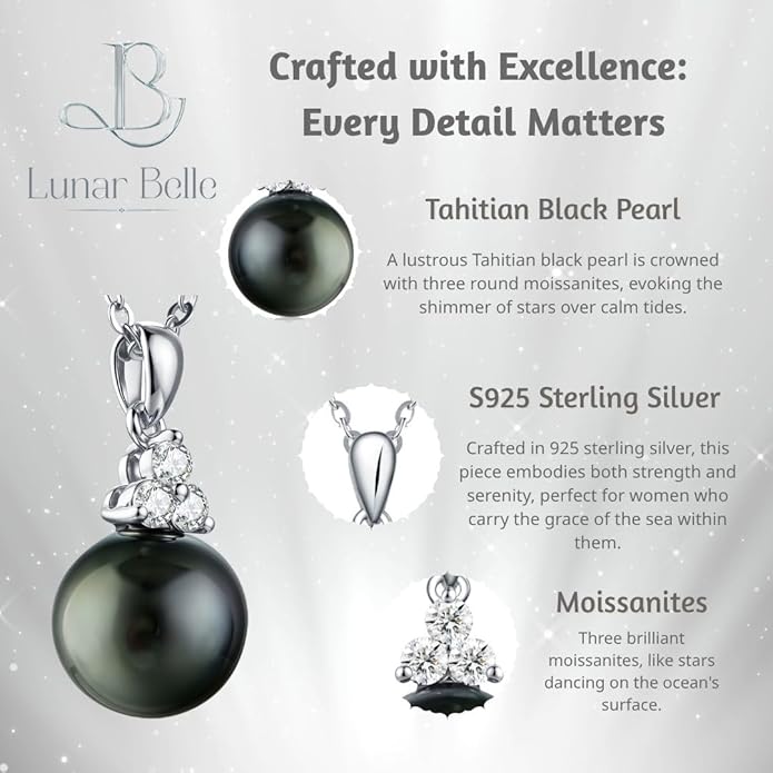 Lunar Belle Sterling Silver Black Pearl Pendant Necklace with Moissanite, Elegant Jewelry Birthday Gift for Women Girlfriend Wife Valentine's Day (Tide Star)