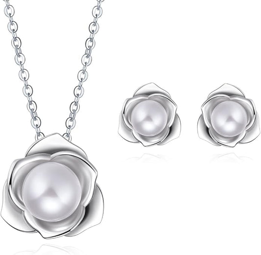 "Lovely Rose" High Polished 925 Sterling Silver Earrings with 7mm Natural Freshwater Pearl