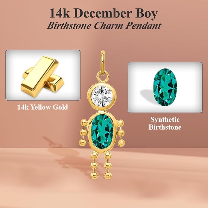 14K Yellow Gold January to December Month Boy and Girl Birthstone Charm Pendant Necklace or Bracelet (L- 20 mm/0.79 Inch, W- 10 mm/0.4 Inch)