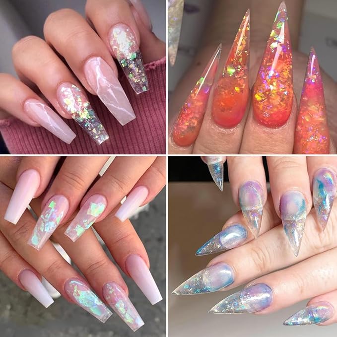 Holographic Mermaid Nail Art Glitter Iridescent Flakes, 8 Colors Aurora Irregular Ice Slag Opal Nail Foil Flakes Ultra-Thin Paillettes Glitter Sequins for Gel Polish Nail Art Decoration, Resin Craft