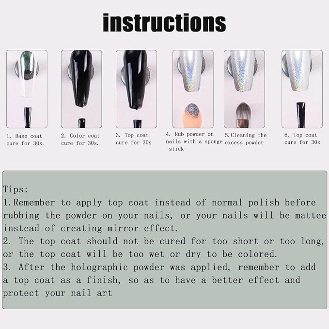 10 Colors Holographic Laser Nail Powder, Holo Aurora Iridescent Metallic Mirror Laser Effect Chrome Pigment Glitter Dust for Nail Art DIY Decorations, Sponge Tool/10PCS, Nail Swatch Sticks/24PCS