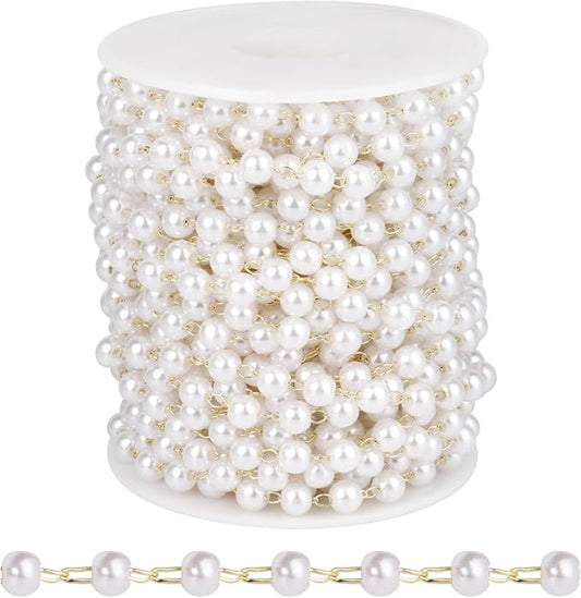 [33 FT] Gold Plated Pearl Beads Chain Bulk for Jewelry Making, 5mm Pearls Beaded Brass Oval Link Chains Roll Spool for DIY Craft Jewelry Making