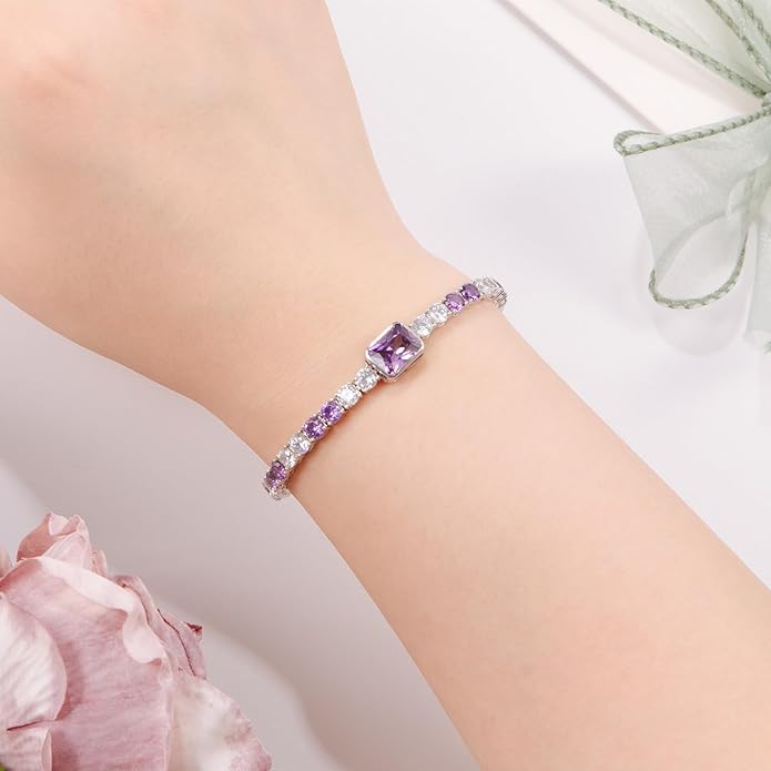 Birthstone Bracelets for Women Birthday Gifts 4CT Radiant Cut Birthstone 4mm Sterling Silver White Gold Tennis Bracelets for Women Round Cut 5A Cubic Zirconia Bezel Setting 7 Inch