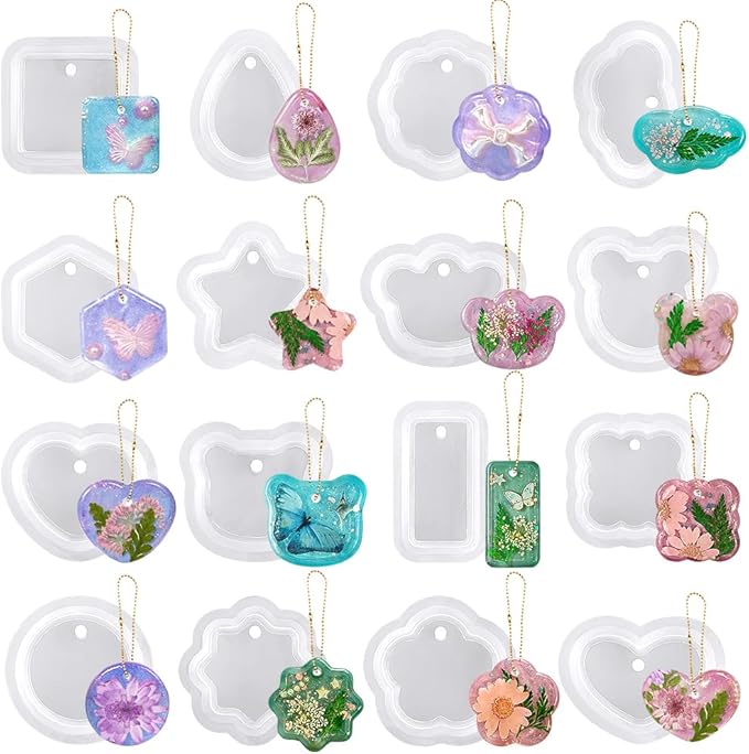RESINWORLD 16pcs Variety Geometric Pendant Silicone Molds with Hanging Hole, Jewelry UV Resin Mold, Necklace Keychain Molds for Epoxy Resin